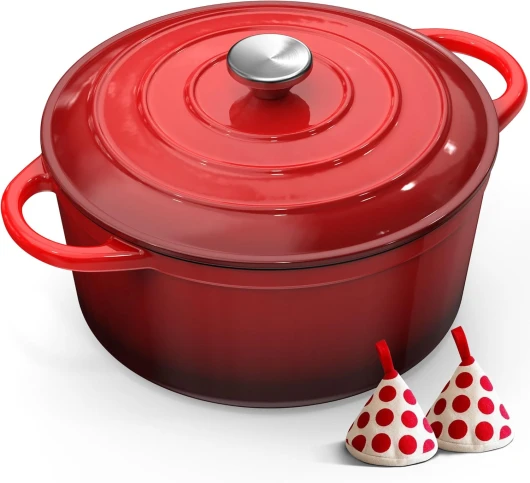 Cocotte Fonte - 26cm Rouge Faitout Marmite Four Hollandais avec Couvercle, Topbooc 5L Dutch Oven Émaillée Compatible Induction, Gaz, Four, Casserole pour Braiser Ragoûts Rôtir Pain