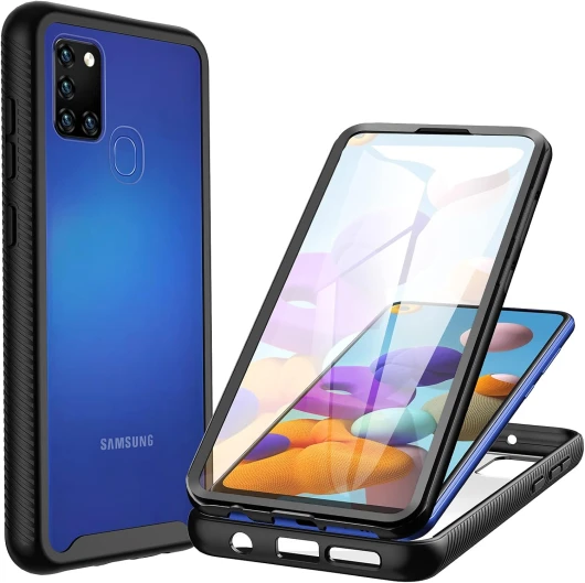Coque Samsung A21s, Antichoc Housse avec Protection d'écran, 360° Protégé Téléphone Etui Double Face Bumper Transparent Case Robuste Portable Intégrale Coque pour Samsung Galaxy A21s -Noir Coque pour A21s