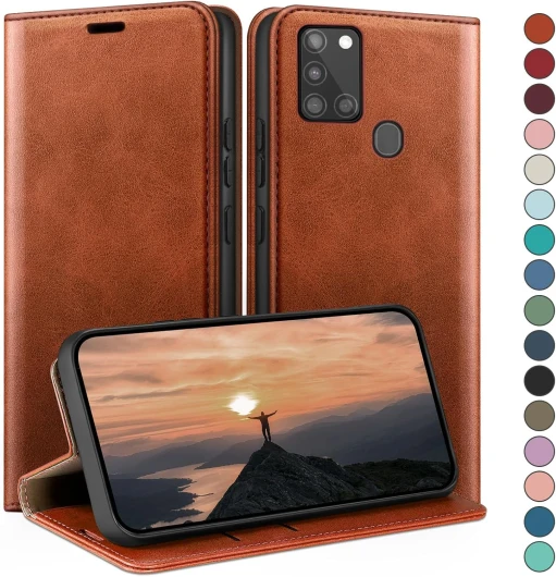 Coque pour Samsung Galaxy A21S avec RFID Blocage Etui à Rabat en Cuir de Premium,Fentes pour Cartes,Coques de Case,Cover à Rabat pour Samsung A21S Portefeuille Brun Clair