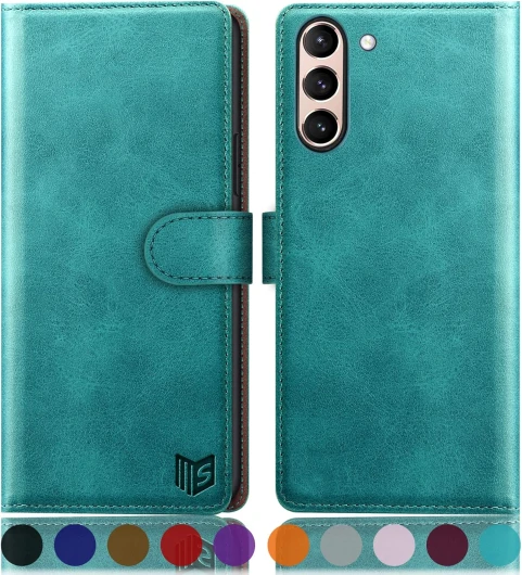 Coque pour Samsung Galaxy S21 5G [RFID Blocage] [Magnétique Protection] Fentes pour Cartes Etui Portefeuille Premium en Cuir PU pour Samsung S21 Bleu Vert