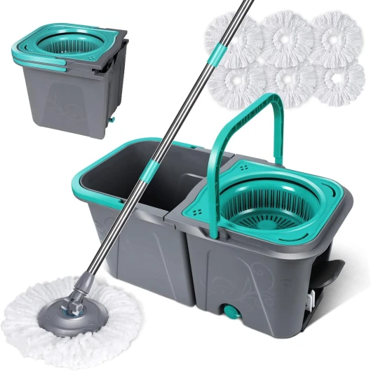 Balai à Frange et Seau à Pédale, Balai Serpillère Rotatif avec Système d'essorage Intégré, Seau Détachable avec 2 Compartiments pour Séparer l'eau Sale, Envoyer 6 Recharge en Microfibre, 6L Blue Bleu + Gris - 6L