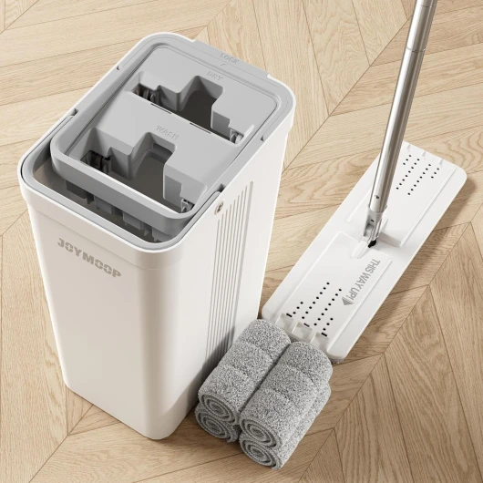 Ensemble serpillère et seau avec essoreuse, serpillères plates pour le nettoyage du sol, nettoyeur de mur avec long manche, balai à franges en bois dur avec 4 tampons en microfibre White Bucket #24 + 60" Flat Mop + 4 Pads