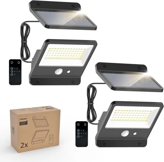 Lampe de sécurité solaire d'extérieur LED 6500K, projecteur mural étanche à énergie solaire avec capteur de mouvement PIR, Télécommande avec câble de 5 mètres, étanche IP65, 3 modes (2)
