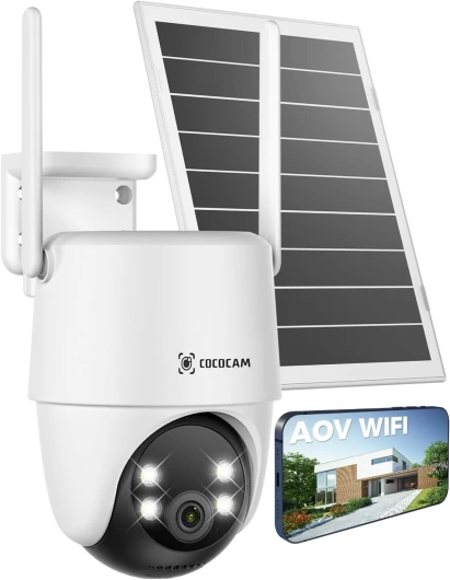 24/7 Enregistrement AOV Camera Surveillance WiFi Exterieure sans Fil, Batterie 10000mAh Panneau Solaire 8W, 2K PTZ, Détection IA, Suivi par l'IA, Vision Nocturne 30 Mètres