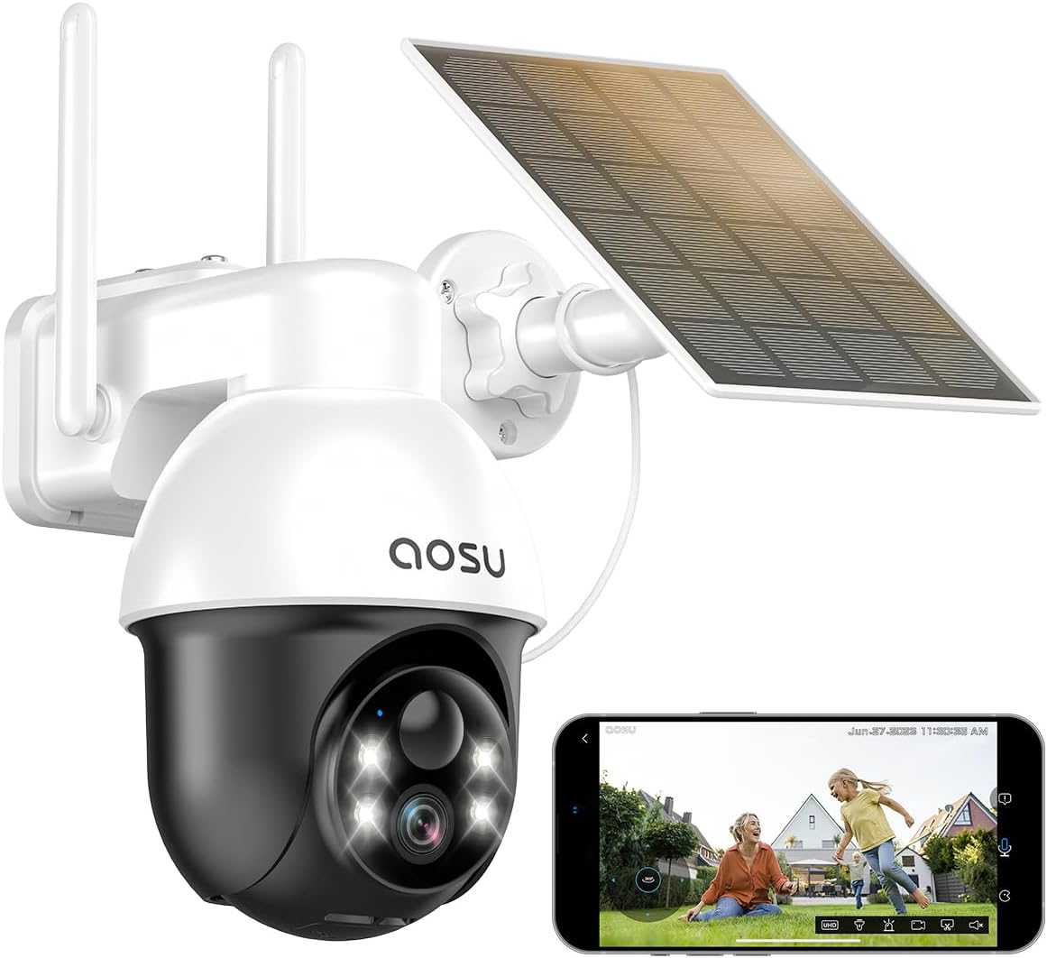 2K Camera Surveillance WiFi Exterieure sans Fil, 3MP Camera Solaire Extérieur, 360° PTZ Sécurité à Domicile, Suivi Automatique, Vision Vocturne, Alarme Lumineuse et Sonore, Audio Bidirectionnel 1 caméra solaire