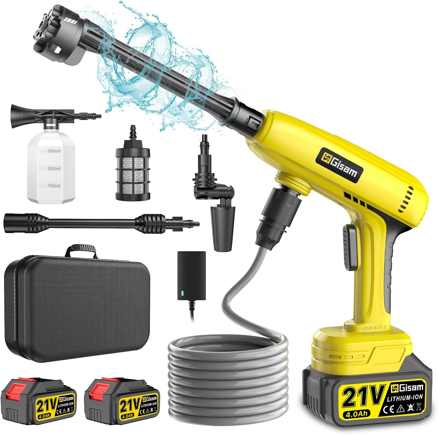 Nettoyeur Haute Pression à Batterie, Max 60 Bar avec 2 x 4000mah Batteries, Pulvérisateur de Mousse, 6-en-1 Multi-Usage Buse et 180° Buse Pivotante pour Le Nettoyage et Arrosage Gisam01