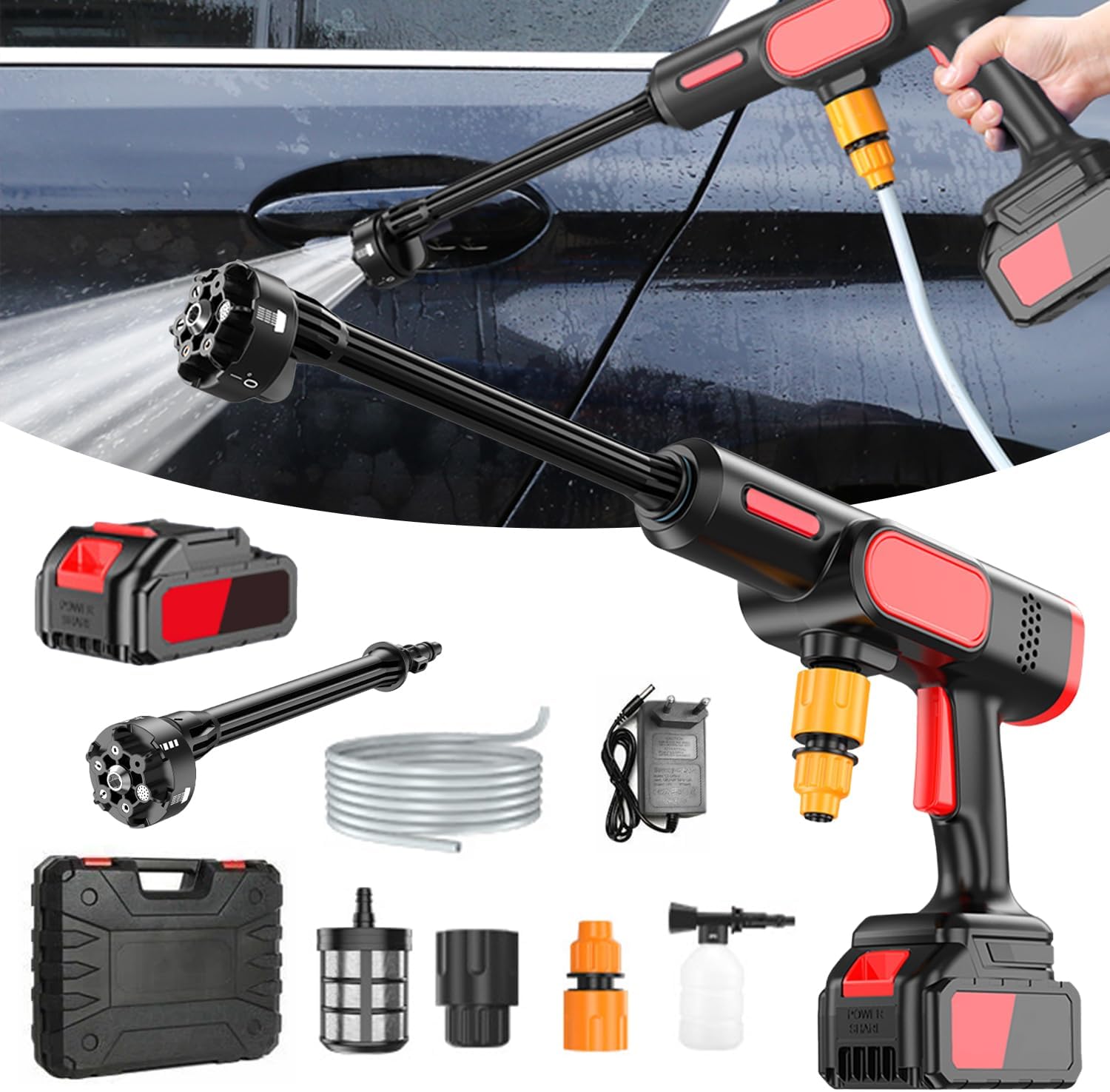 Nettoyeur Haute Pression à Batterie, 80 Bar sans Fil Nettoyeur Haute Pression Batterie avec 5M Tuyau pour Voitures Jardin (Noir)