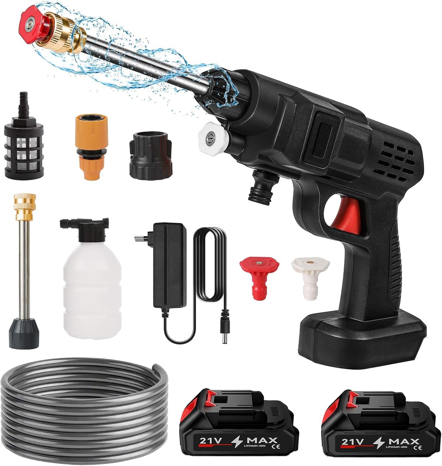 Nettoyeur Haute Pression sans Fil 60 Bar, 300W Nettoyeur Haute Pression à Batterie, Pistolet à Eau pour Lavage De Voiture avec Batteries, Tuyau 5m, Pulvérisateur de Mousse (B-2 Batterie)