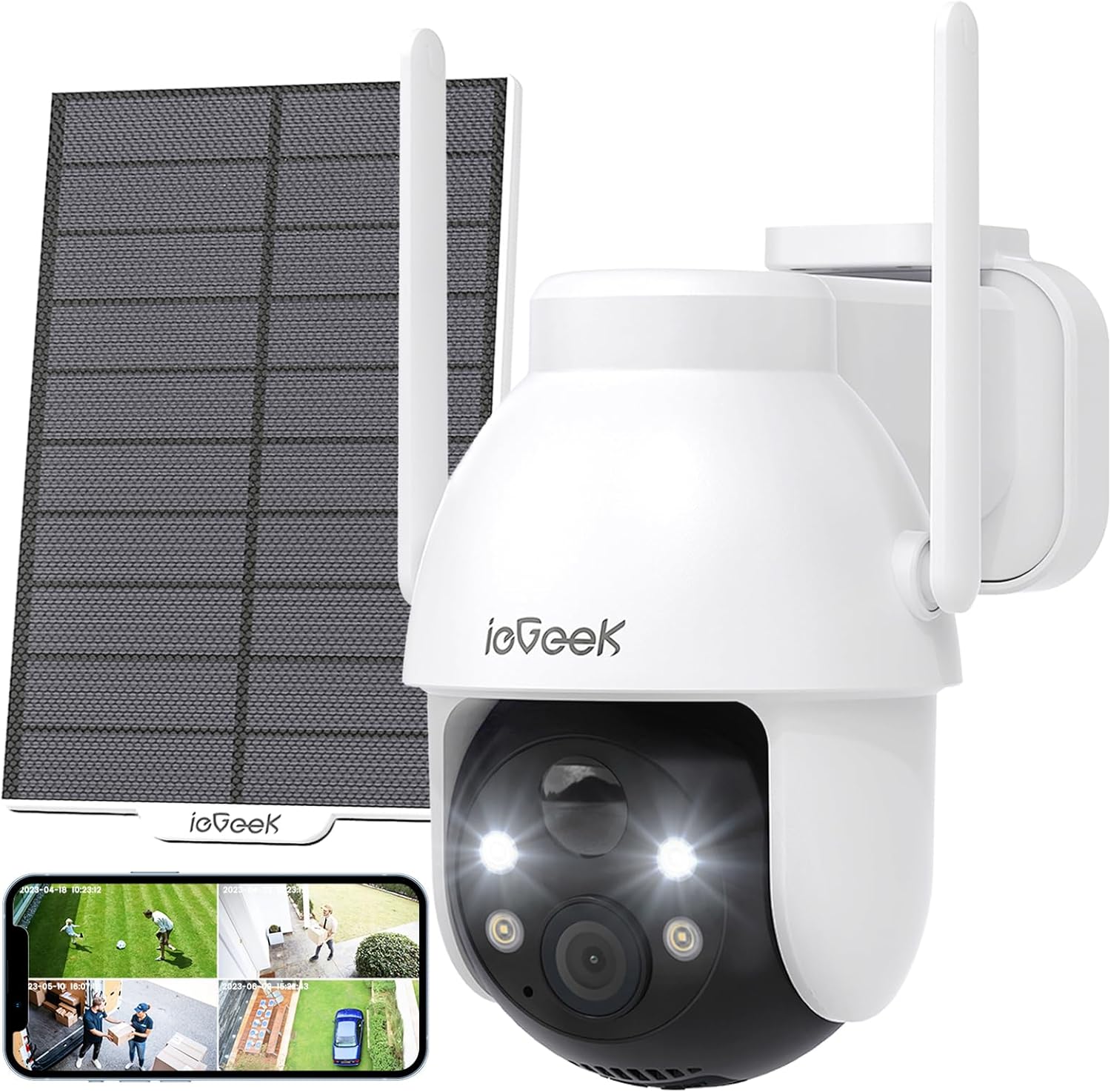 2K Camera Surveillance WiFi Exterieure sans Fil Solaire - 360° PTZ Camera Exterieur sans Fil Batterie Vision Nocturne Couleur, Détection Humaine PIR Blanc