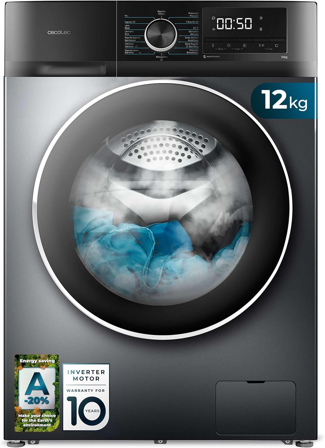 Lave-linge 12Kg Chargement Frontal Bolero DressCode 12500 Inverter Steel - Finition Acier, Inverter Plus, SteamMax, 16 programmes, Nettoyage à la vapeur, DelayStart, Écran De Contrôle Total 12 Kg Steel