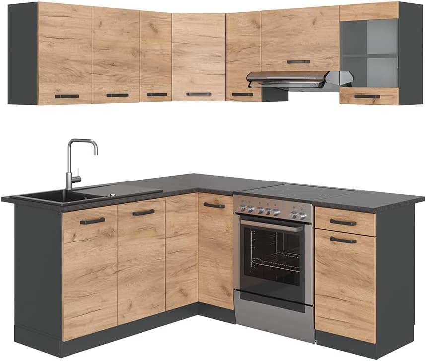 Cuisine d'angle Rick, Anthracite/chêne doré, 187x167cm, PT À Motifs Noirs sans barre de LED Doré/Anthracite