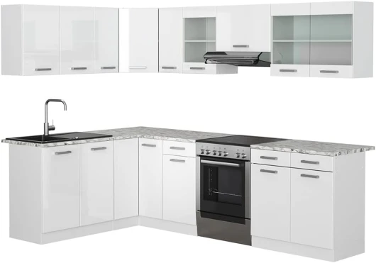 Cuisine en Angle Rick, Blanc/Blanc Brillant, 267x167cm, PT Marbre Blanc Brillant/Blanc sans barre de LED