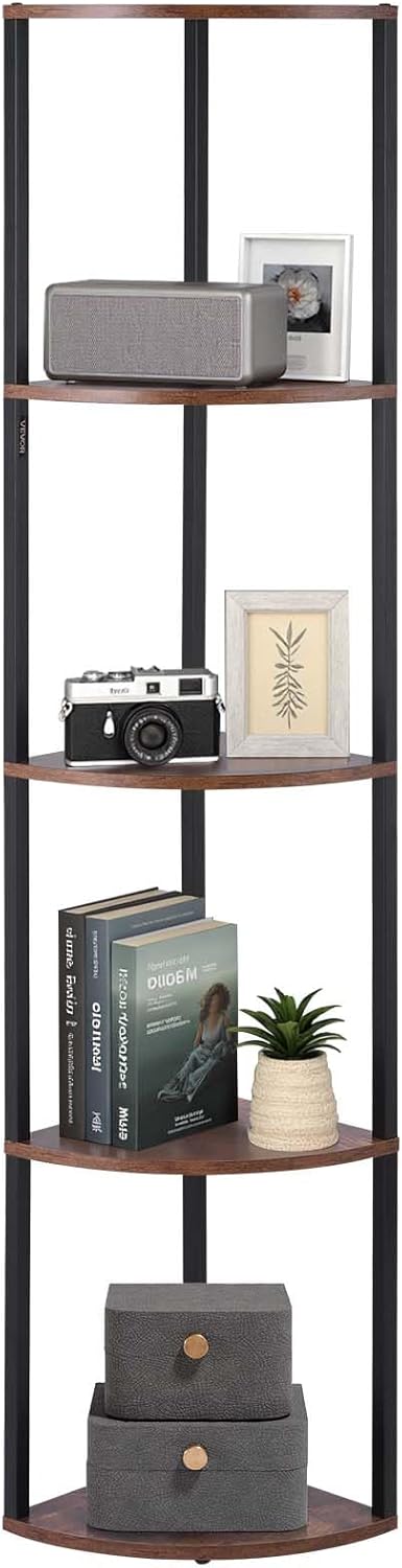 Étagère d'angle à 5 Niveaux, Hauteur 162,5 cm, bibliothèque du Coin avec éclairage LED, Meuble de Rangement Tour avec Cadre en métal et étagères en Bois, pour Chambre, Salon, Bureau, Cuisine