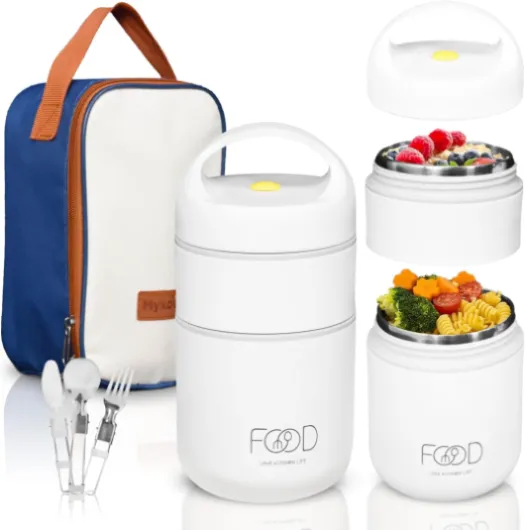 MYKOUR Boîte Repas Isotherme 680ml en Acier Inoxydable - Thermos Alimentaire 2 Compartiments pour Repas Chaud 12h/Froid 24h - Boîte Thermos pour Repas Chaud avec Sac, Couverts et Poche de Rangement