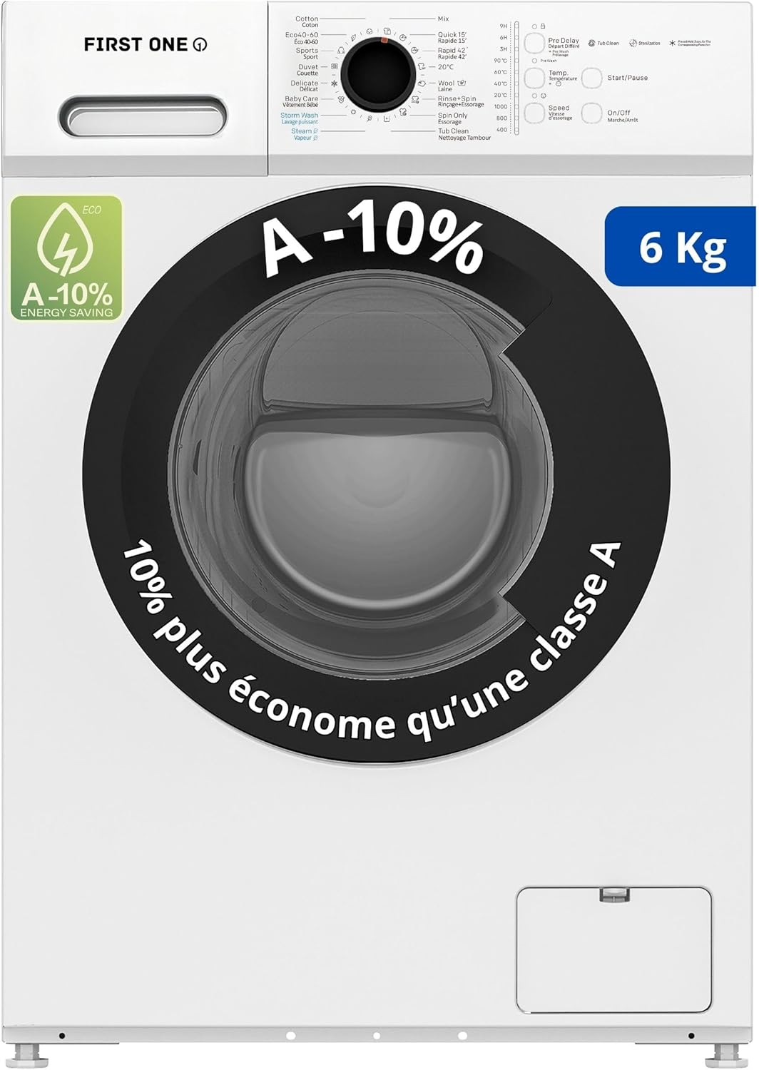 Lave-linge frontal FIRST ONE FLL61000WH - 6 Kg - 1000 tr/mn - 16 programmes - Eco - Intensif - Rapide – Très Faible conso Classe A-10%
