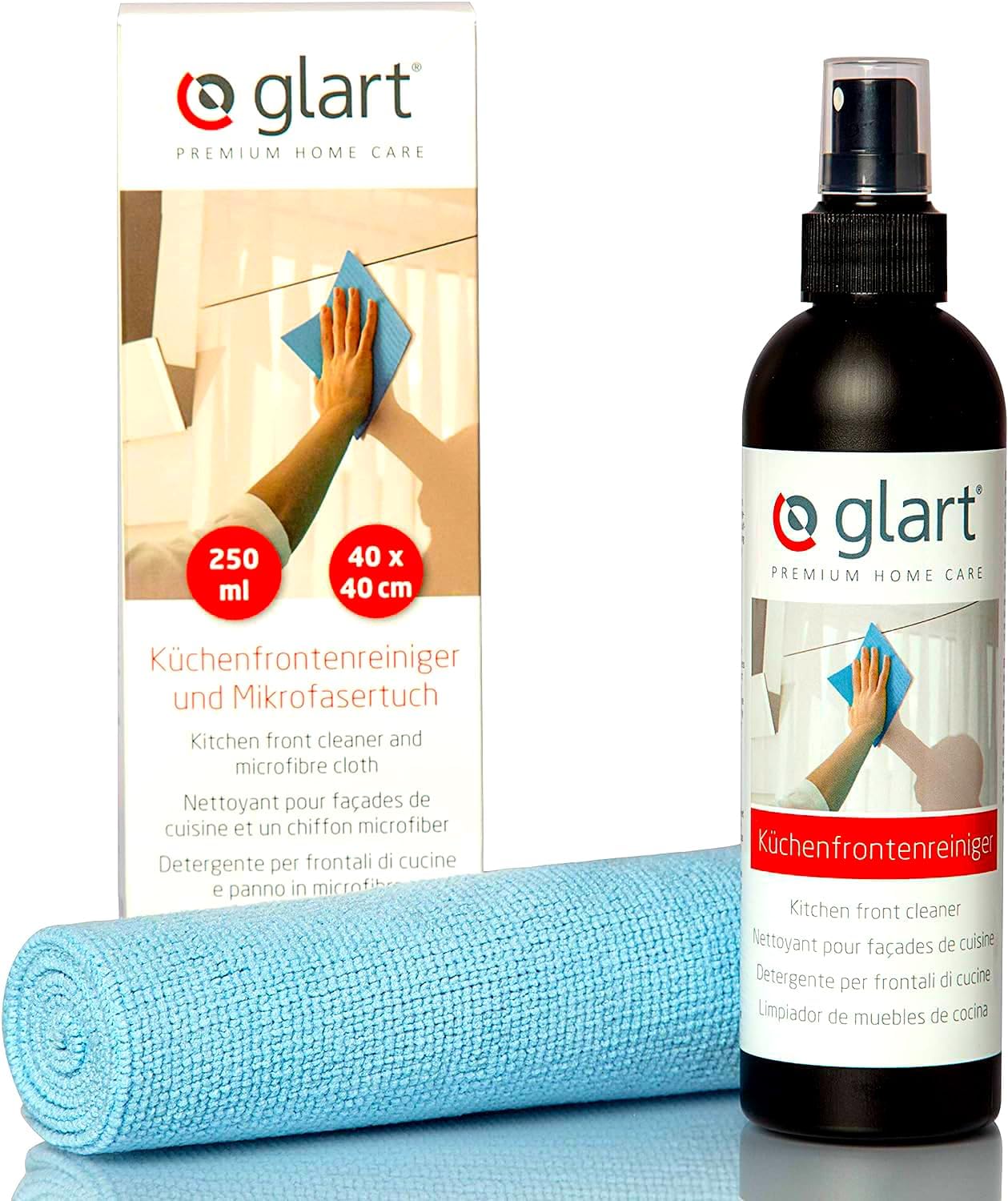 Glart 45KR Kit Nettoyant façades cuisine & meubles – Spray 250 ml sans alcool + chiffon microfibre gaufré 40×40 cm – Pour surfaces brillantes, laquées, plastique, verre – Sans traces & sans rayures Nettoyant pour façade de cuisine