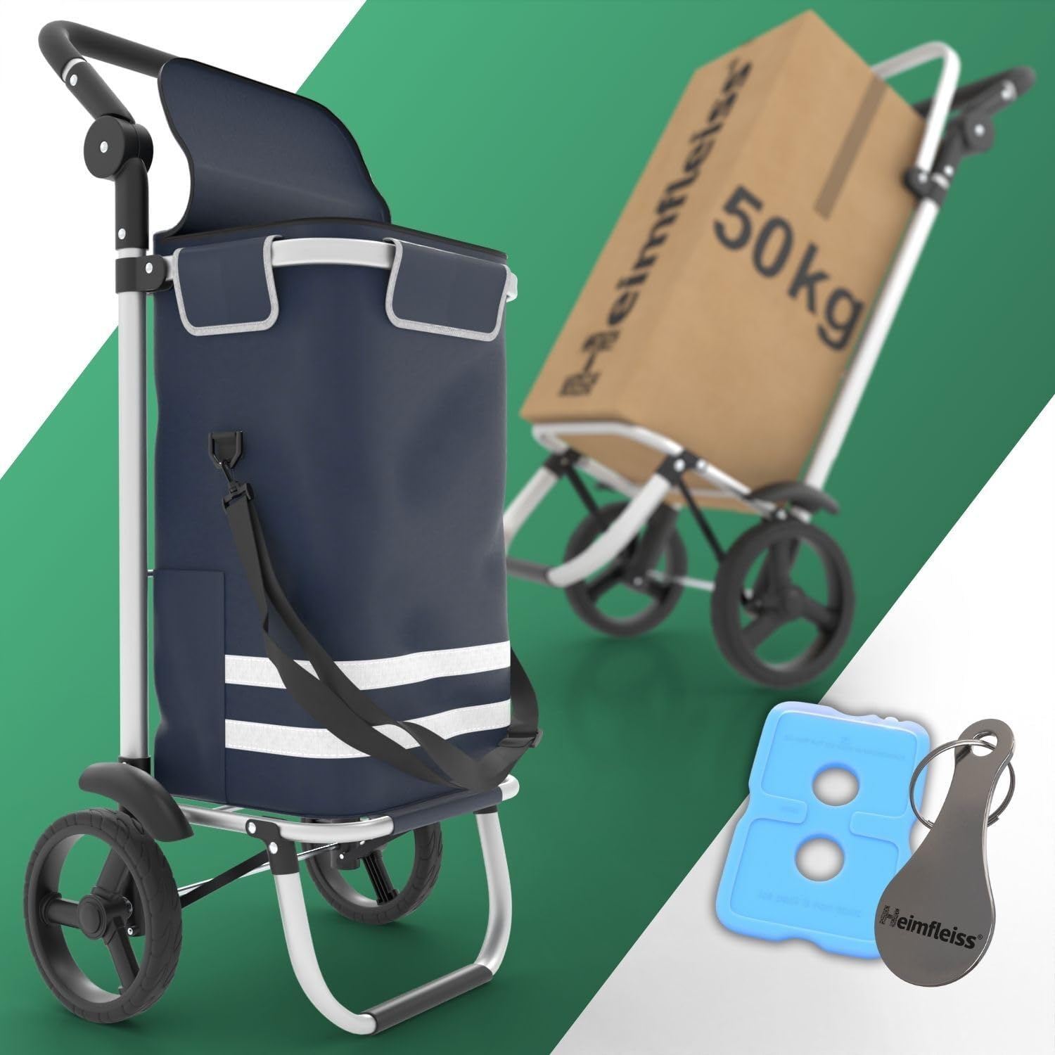 ® Chariot de Courses Pliable 56L - Caddie de Courses Pliant avec 50kg de Charge Utile - Sac de Courses Léger à roulettes - Chariot de Shopping XL avec Compartiment Isotherme - Bleu Bleu 56L