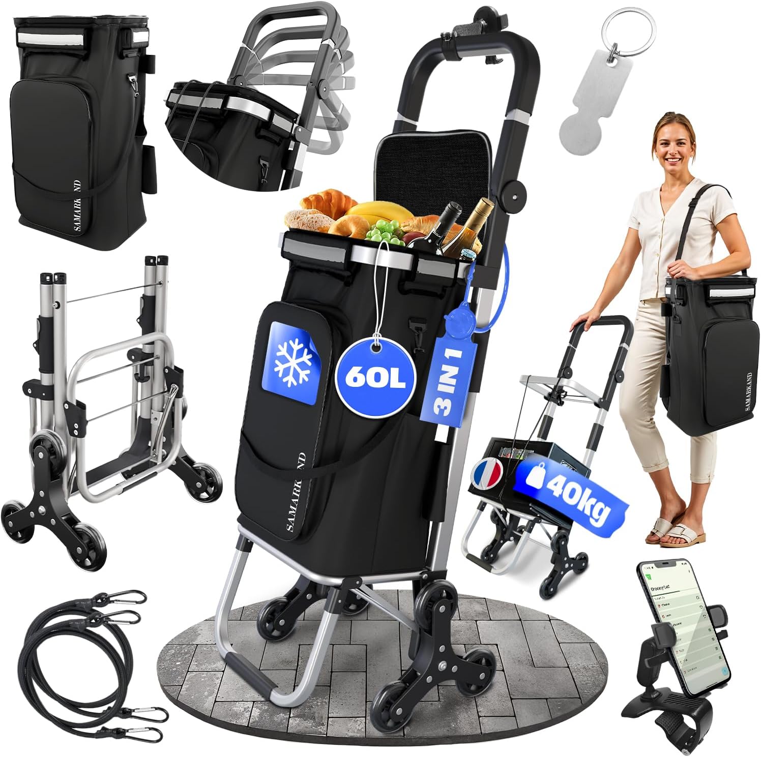 Chariot De Courses 6 Roues Imperméable - Grand Sac Isotherme + Crochets – Caddie De Courses Pliable Trolley Pratique, Robuste – Chariot Courses Isotherme Escaliers, Marché– Chariot à Roulettes Courses