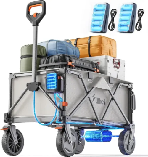 Chariot électrique Pliable avec Freins - 200 l - 60 kg - Convient pour Le Camping, Le Jardin, la Plage, Les Courses (Deux Piles) W1 Pro, Beige + Deux Piles W1 Pro avec Deux Piles