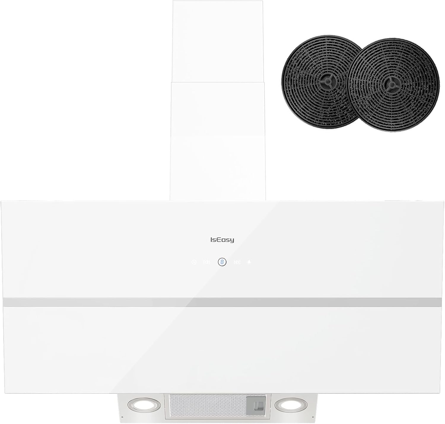 Hotte Aspirante 90cm, Hotte de Cuisine Inclinées Blanc, Classe A++, 594 m³/h, 4 Vitesses, Eclairage à LED, Evacuation ou Recyclage, 2 Filtres à Charbon Inclus Blanc 90cm