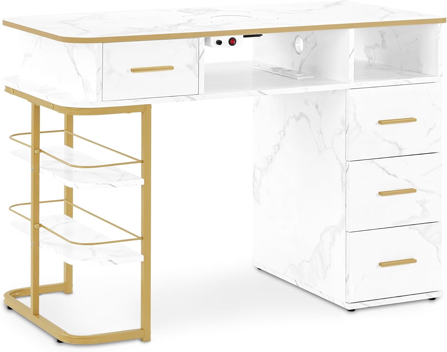 Manic Rentitiquement avec 4 tiroirs, 1 étagère et 5 étagères, Table de Ongles avec Aspiration, Table à Terme en Bois, Bureau pour Le Studio à Ongles, Or Blanc en marbre, 55x112x80cm, 2464