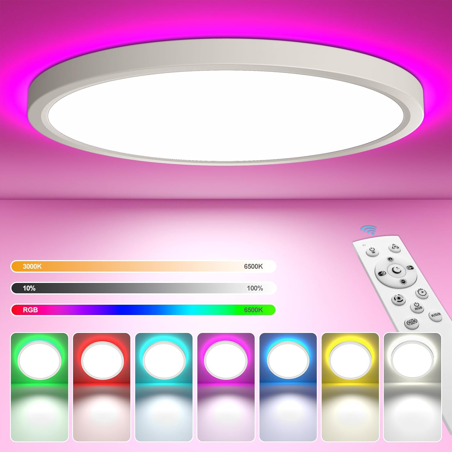 YiLaie Plafonnier LED Dimmable 24W,2700lm Luminaire RGB Rétroéclairage Lamp avec Télécommande 3000-6500K,IP44 Etanche Moderne Rond Applicable à Salle de Bain, Chambre, Cuisine, Salon, Balcon Ø30cm 1 PCS