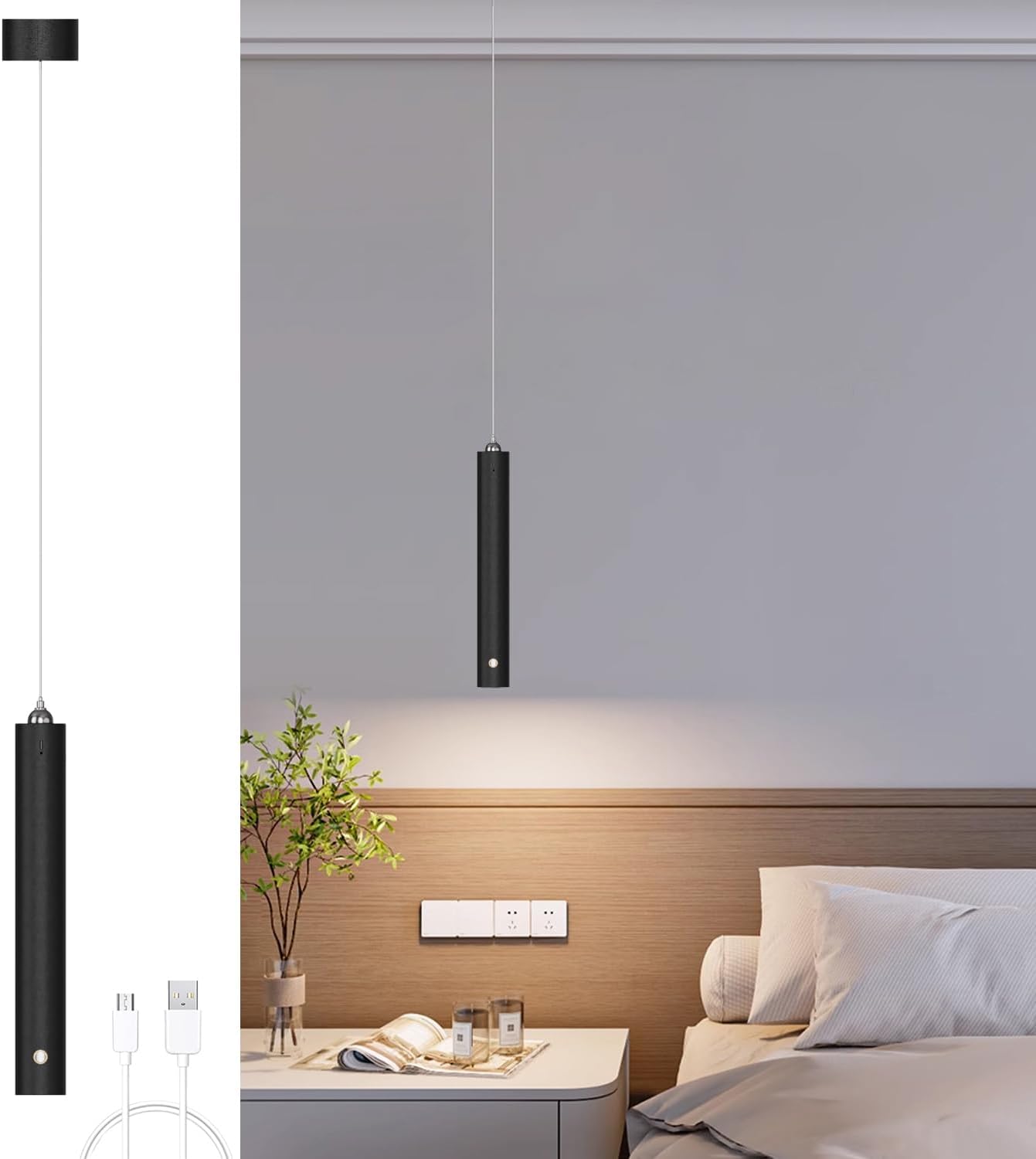 Suspension LED Pile, Suspension Luminaire Chambre avec Batterie Rechargeable 4500 mAh,Lampe Suspendue Noir Moderne, Sans fil, Pour Chevet Cuisine Salon,Dimmable Tactile,Réglable 180cm,4x30cm