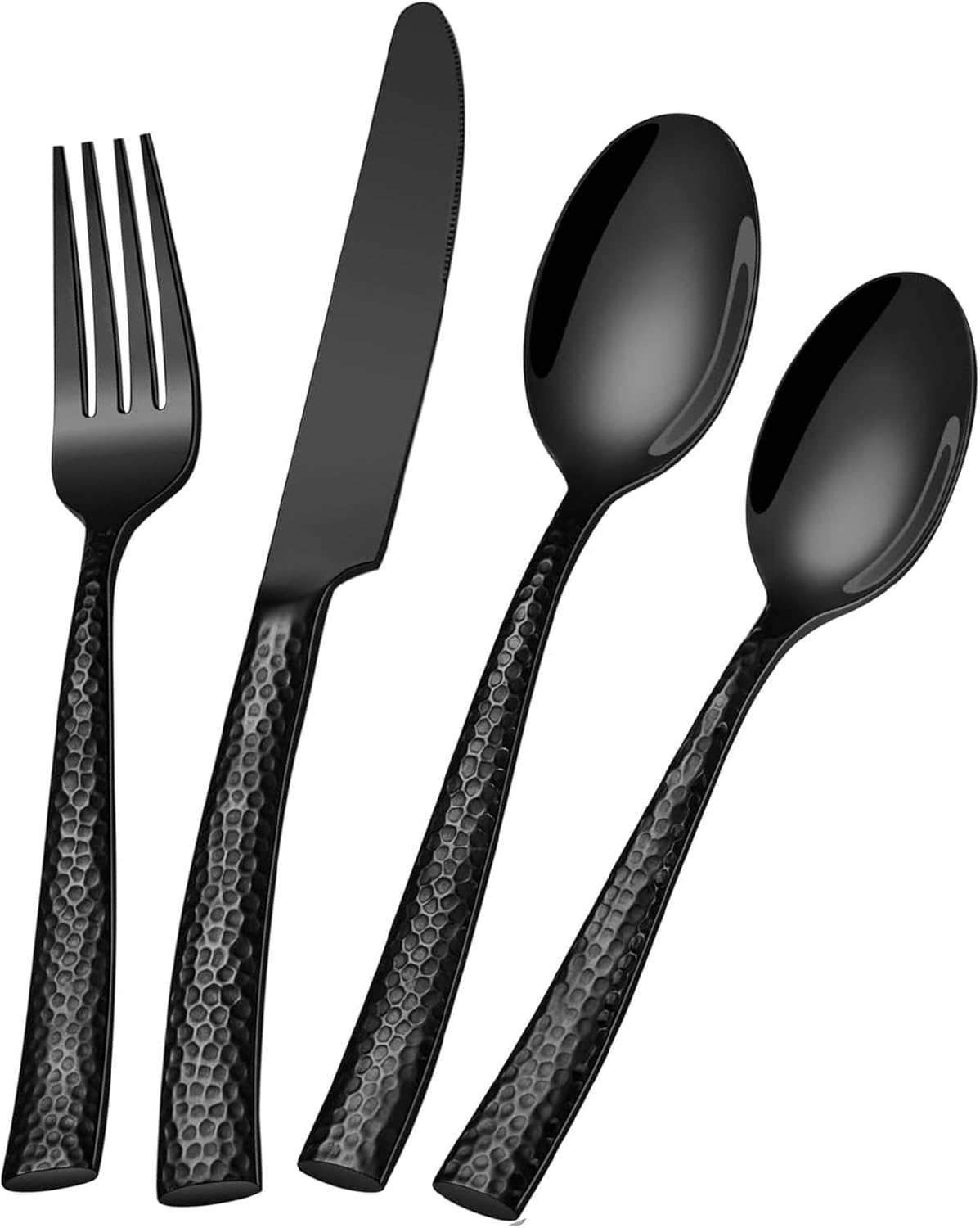 Ensemble de couverts martelés noir, 24 pièces en acier inoxydable robuste pour 6 personnes, couverts de qualité alimentaire, ustensiles miroir pour la maison et le restaurant Noir 24