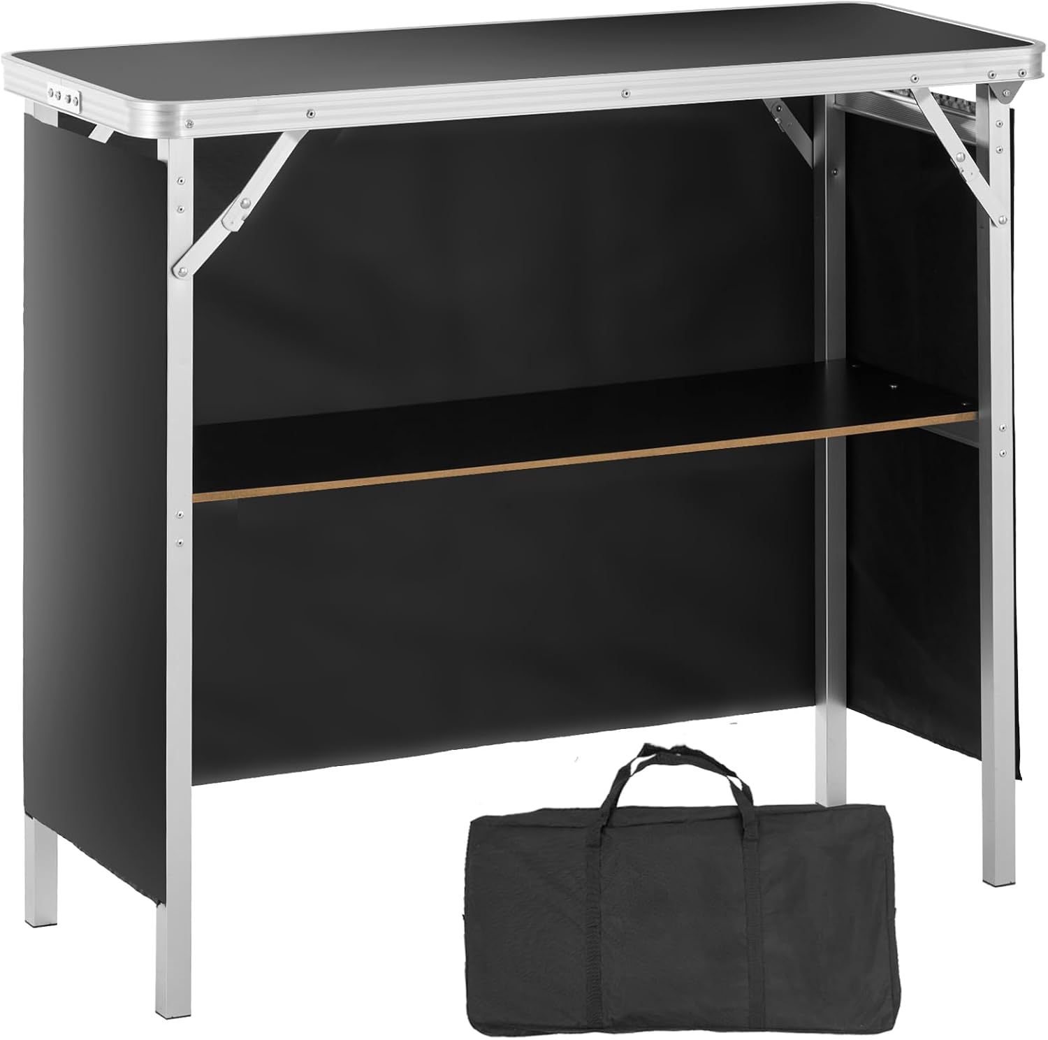 Comptoir de Stand Foire Salon 97,5 x 38,5 x 87 cm Table de Bar Pliante Longue et Portable avec Sac de Transport Étagère de Rangement et Jupe Noire pour Fête Pique-Nique Exposition Commerciale 97,5x38,5x87 cm