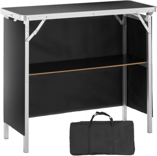 Comptoir de Stand Foire Salon 97,5 x 38,5 x 87 cm Table de Bar Pliante Longue et Portable avec Sac de Transport Étagère de Rangement et Jupe Noire pour Fête Pique-Nique Exposition Commerciale 97,5x38,5x87 cm