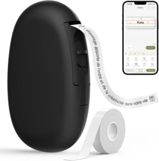 E10 Etiqueteuse inclut Étiquettes Autocollantes Imperméables, Smart App avec 40+ Polices, 150+ Modèles et 700+ Icônes, Idéale pour la Maison, la Cuisine, l'école, l'organisation et Le Bureau E10 + 1 rouleau Noir
