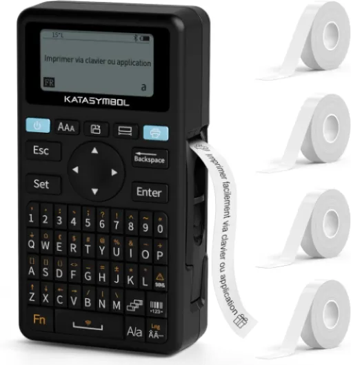 E11 Étiqueteuse Bluetooth Rechargeable Portable - Compatible Clavier et Appli - inclut 4 Rouleaux d'Étiquettes Autocollantes - pour Maison, Bureau, École, Organisation Noir + 4 rouleaux