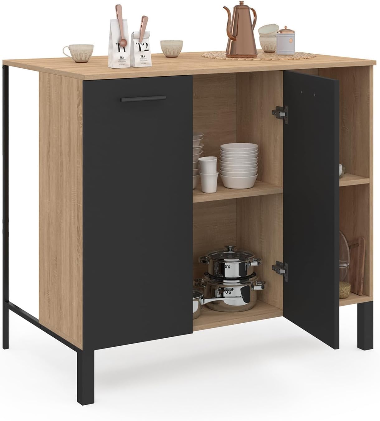 Table de Bar îlot CINA 100 cm Bois Noir et Plateau façon hêtre