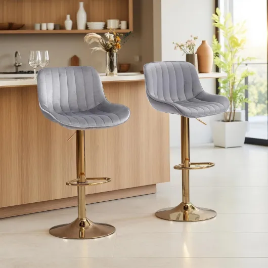 JINPALAY Tabouret Bar Gris Lot de 2 Chaise de Bar Cuisine en Velours Hauteur Réglable 360° Rotatif avec Dossier et Repose-Pieds Chaise Haute Bar