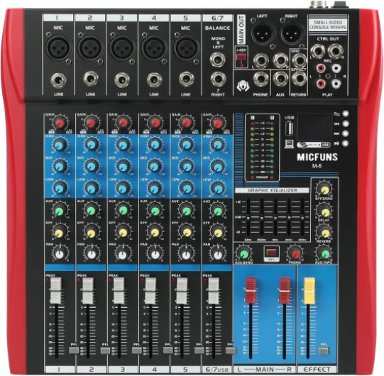 Micfuns, M6, console de mixage professionnelle, audio, DJ, console à barre de son avec USB/MP3/Bluetooth, scène, en direct, table de mixage intégrée, effet numérique, musique, mixeur, 7 canaux, + 48 V
