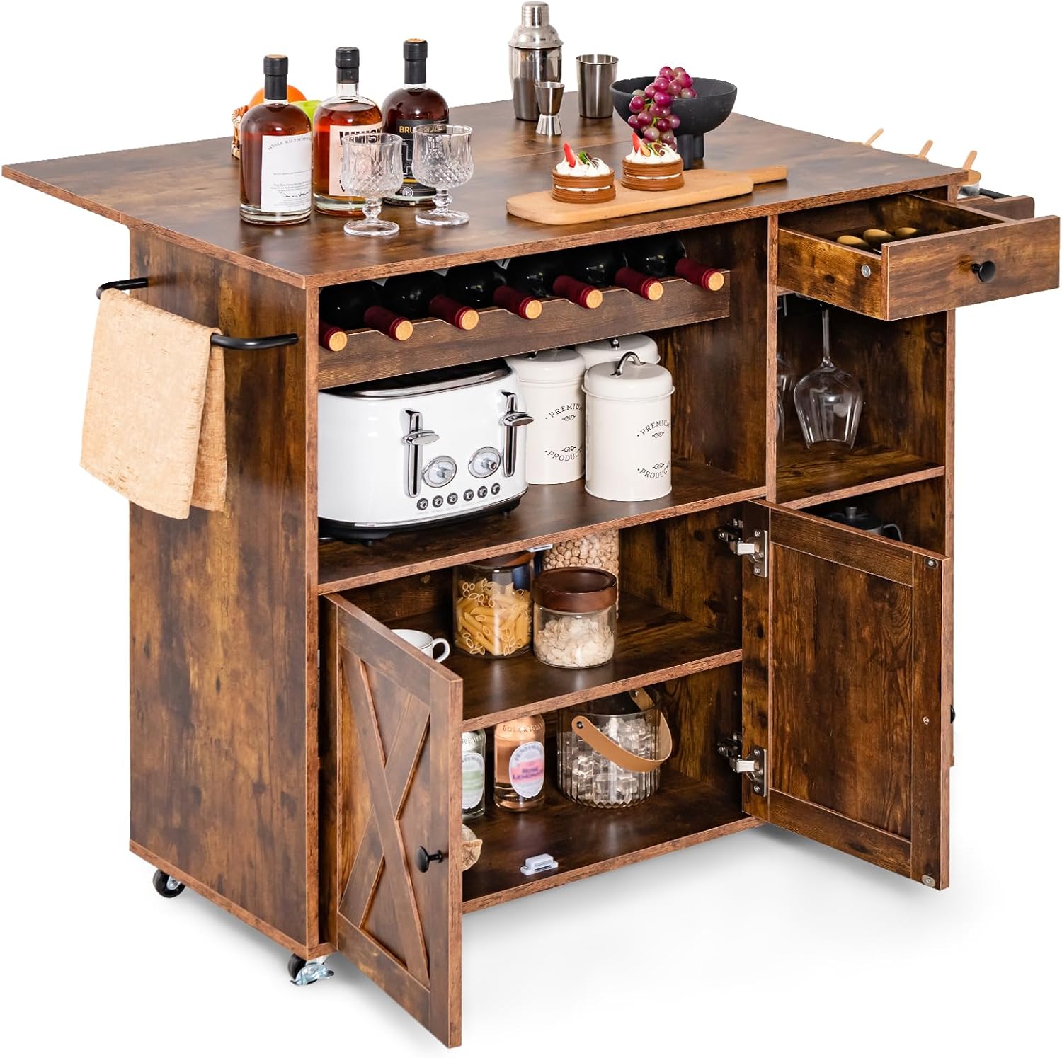 Desserte sur roulettes Industriel, Chariot d’îlot de Cuisine en Bois avec Plans de Travail Rabattable, Casier à Vin, Placard Étagère Réglables, pour Salon, Cuisine, Bar, Marron Rustique