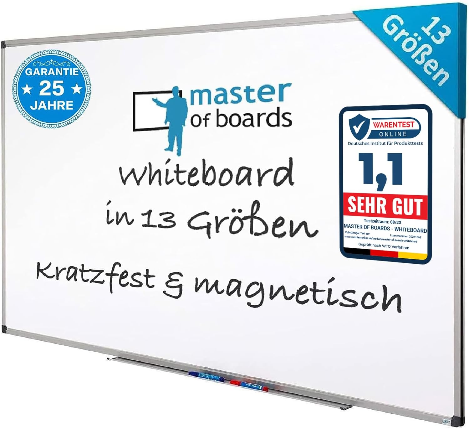 Master of Boards - Tableau blanc magnétique avec cadre en aluminium et porte-marqueurs - Effaçable à sec - Idéal pour un usage professionnel ou privé à la maison - Blanc, 90 cm x 60 cm