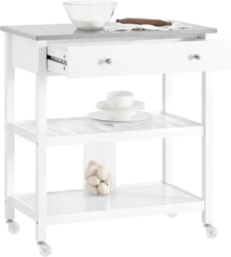 Desserte Cuisine à roulettes Îlot Central avec Plateau Acier INOX, Tiroirs et Étagères Ouvertes, Chariot de Service et Meuble de Rangement pour Cuisine Salon Jardin, 81x90x45cm FKW47-II-W