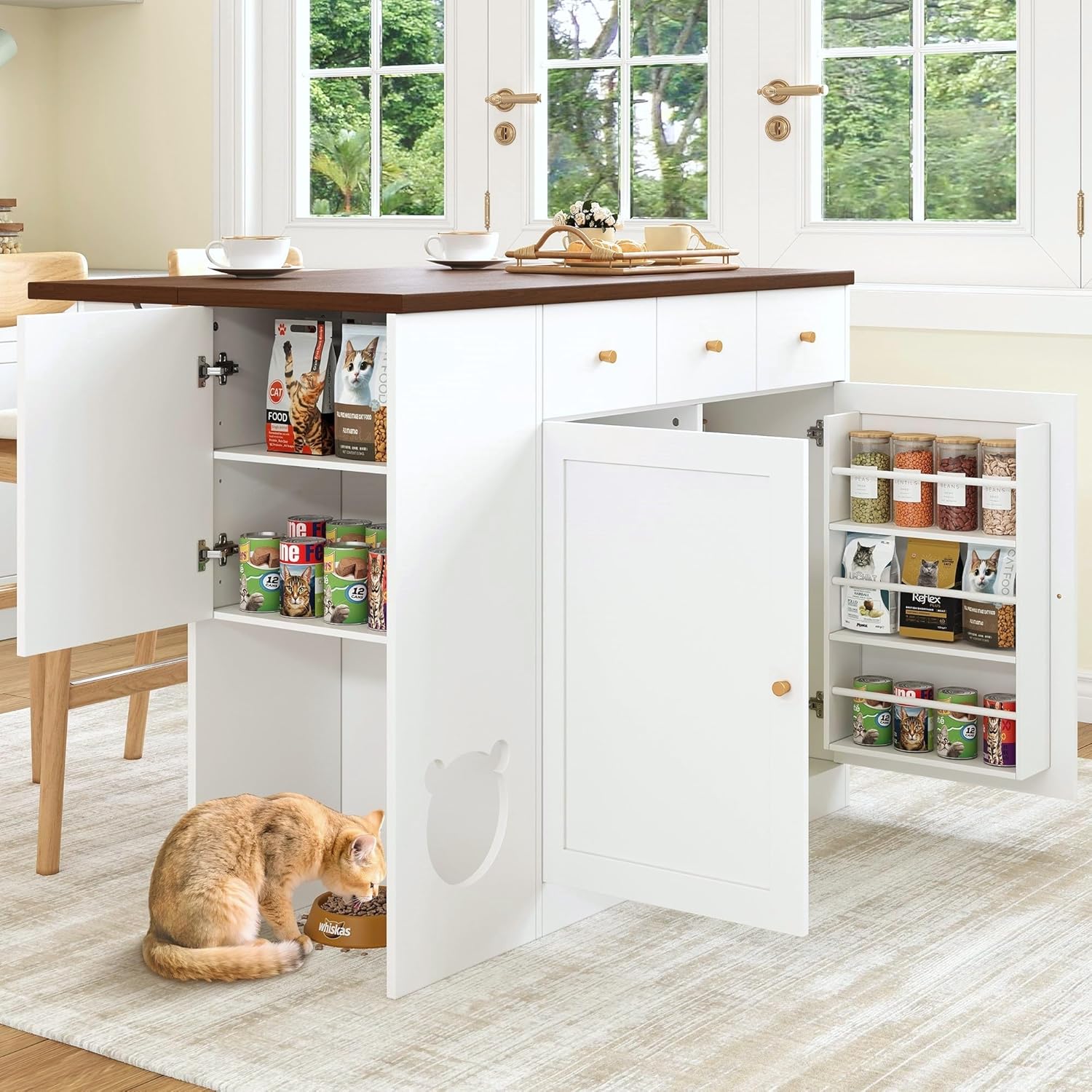 Biqzuya Îlot de Cuisine Multifonction 120x(40+30) x90 cm avec Plan de Travail Extensible, Rangement à Épices et Espace pour Animal, Blanc et Noyer B-blanc