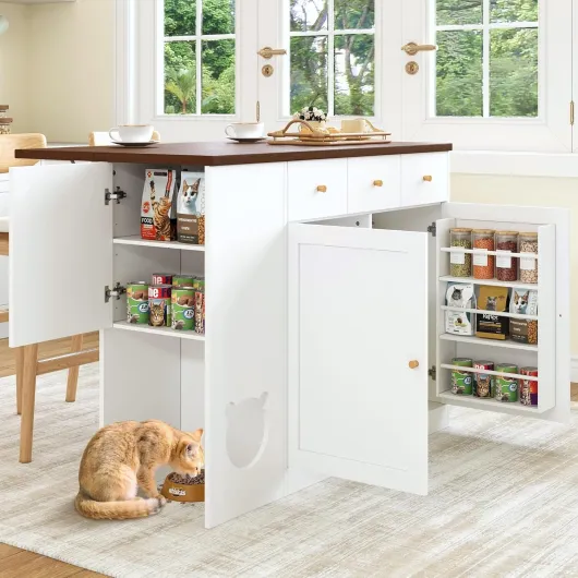 Biqzuya Îlot de Cuisine Multifonction 120x(40+30) x90 cm avec Plan de Travail Extensible, Rangement à Épices et Espace pour Animal, Blanc et Noyer B-blanc