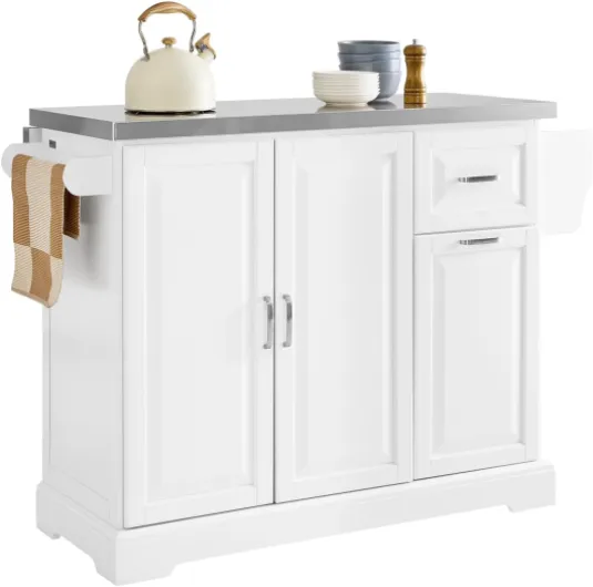 Desserte de Cuisine à roulettes, Îlot Central avec Plan de Travail Extensible Chariot Mobile pour Cuisine ou Salle à Manger, Meuble de Cuisine avec Rangement Blanc 130 x 46/71 x 91 cm FKW128-ST 2 tiroirs Plans de Travail en Acier INOX