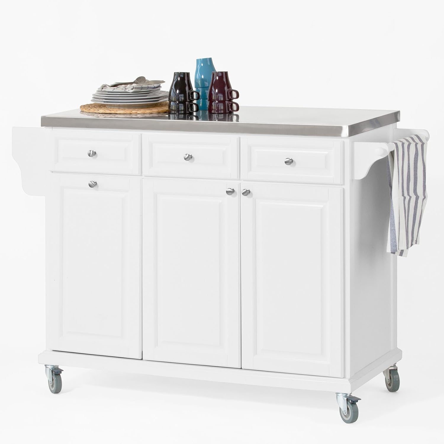 Desserte de Cuisine à roulettes Îlot Central avec Plan de Travail en Acier Inoxydable, 3 Tiroirs et Étagères Réglables, Chariot Mobile pour Cuisine ou Salle à Manger 133 x 48.5 x 95 cm FKW33-W Largeur : environ : 133 x 95 x 48,5 cm