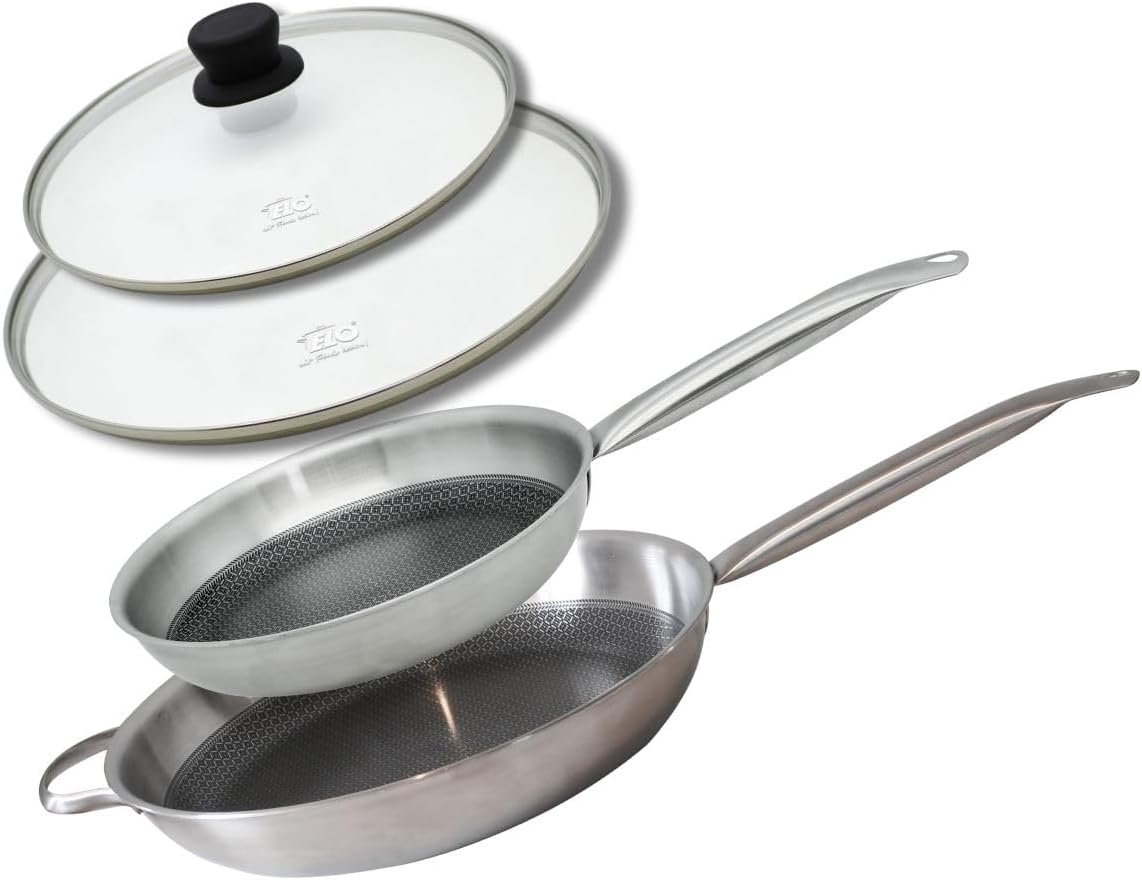 Elo 9350450 Poêles Acier Inoxydable 18-10 24 et 32 cm avec Couvercles, sans PFAS, Antiadhésive, Induction, Revêtement Antiadhésif sans PFAS, Inox 18-10, Acier Inox, Aluminium, Gris, 24 et 32 cm