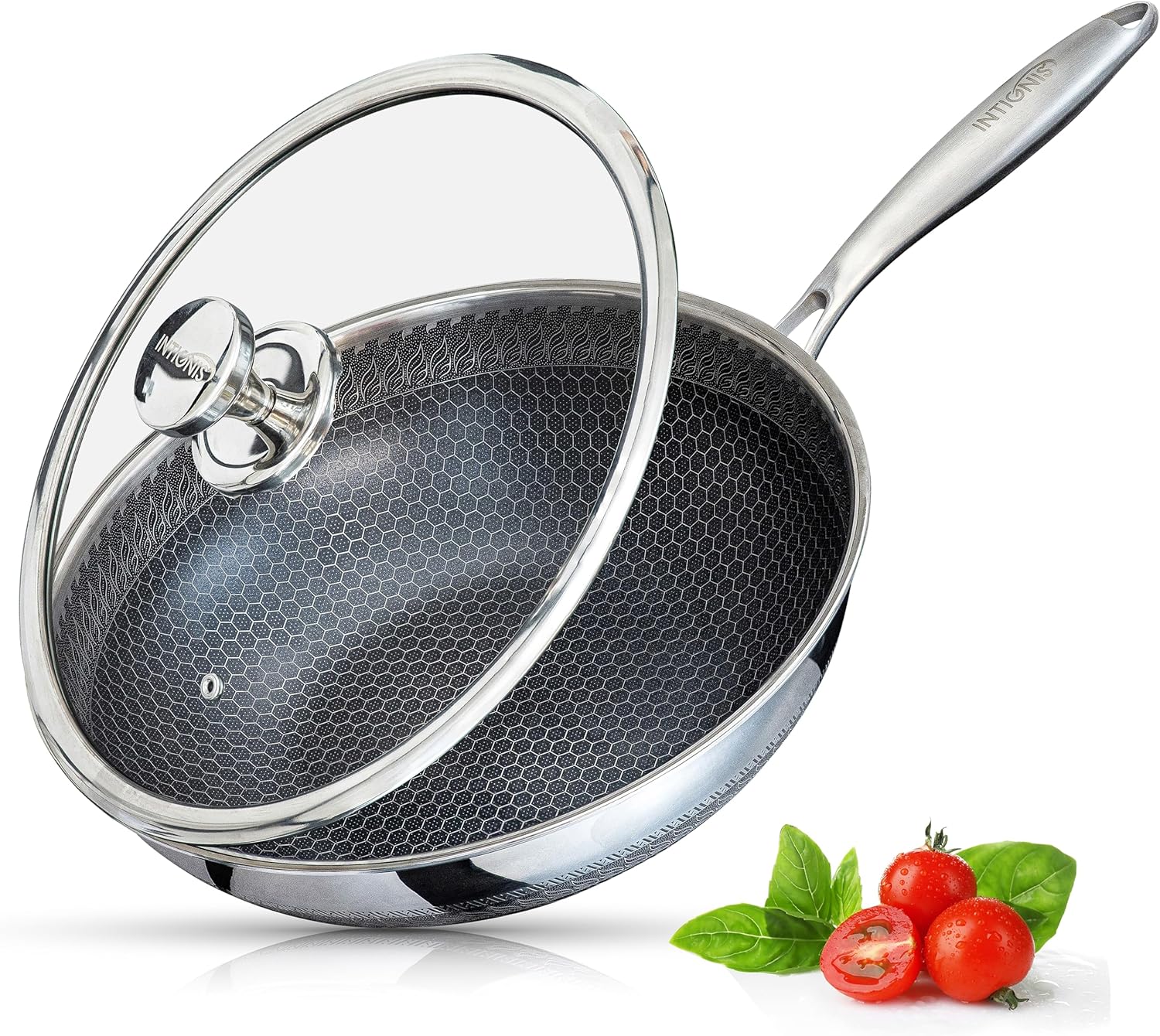 Wok Induction, Anti-rayures, Acier inoxydable sans PFOA, Couvercle en verre résistant au four, Poêle wok 30cm Large, Pour toutes les plaques électriques, gaz, céramique 30 cm