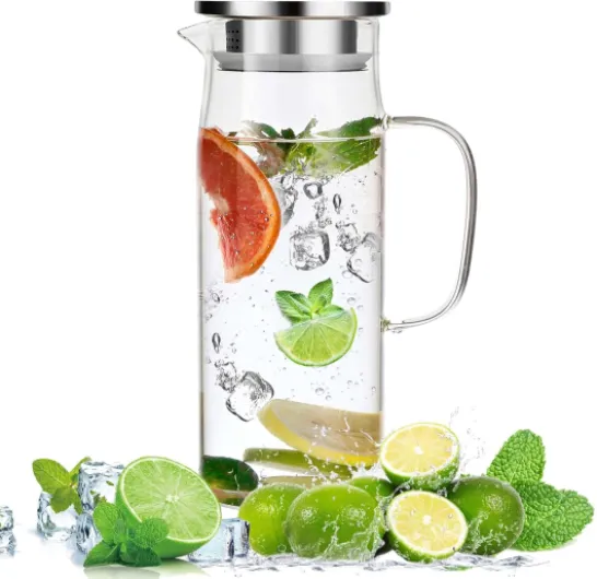 Litimkat 1.5 L Carafe en verre, Carafe Eau avec couvercle et Anse, bouilloire résistante à la chaleur, pour eau chaude/froide, vin, thé glacé et boissons à base de jus