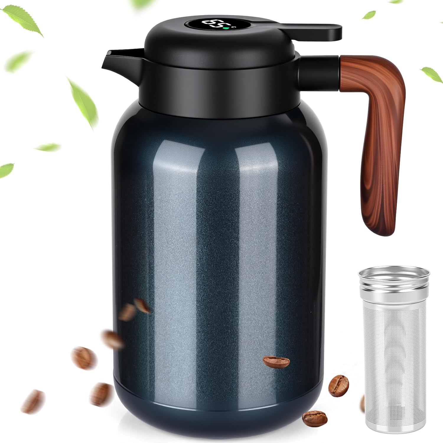 LustLocke Bouteille Isotherme 2 Litres avec Indicateur de Température, Gourde Isotherme avec Infuseur à Thé 100% Étanche et Anti-Fuite, Carafe Thermos pour Lait, Thé & Café