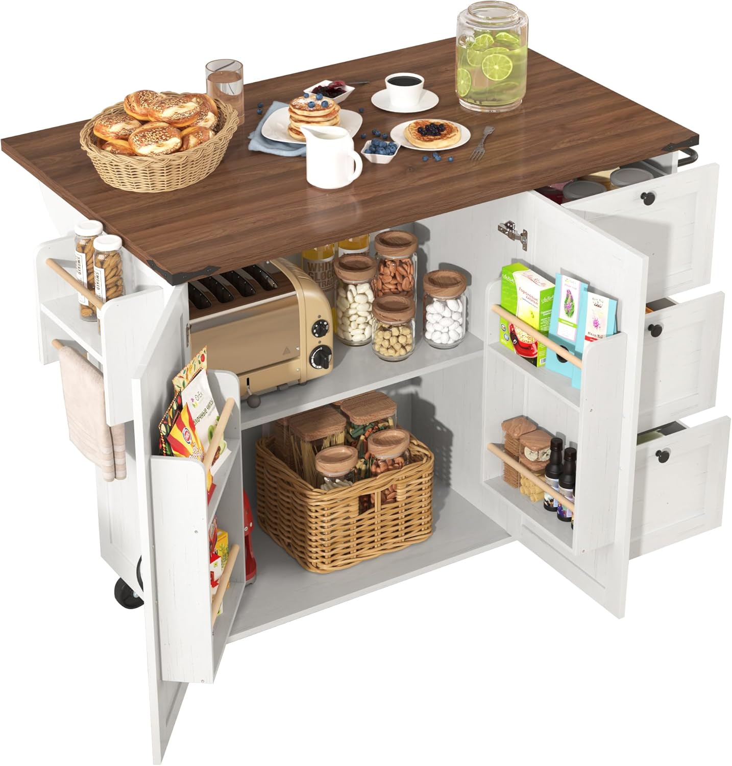 OOIILLEE Desserte Cuisine Extensible - Plan de Travail en Bois veiné, 2 Portes & 3 tiroirs - Meuble Pratique îlot/Bar Blanc-1