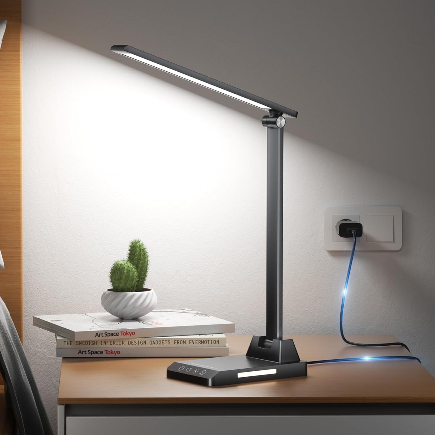 Ylatoial Lampe de Bureau LED, 5 Modes de Couleur 10 Niveaux de Luminosité, Lampes Bureau de Protection des Yeux, Contrôle Tactile, Alimentation USB-C, Lampe de Chevet Avec Fonction Minuterie - Noir