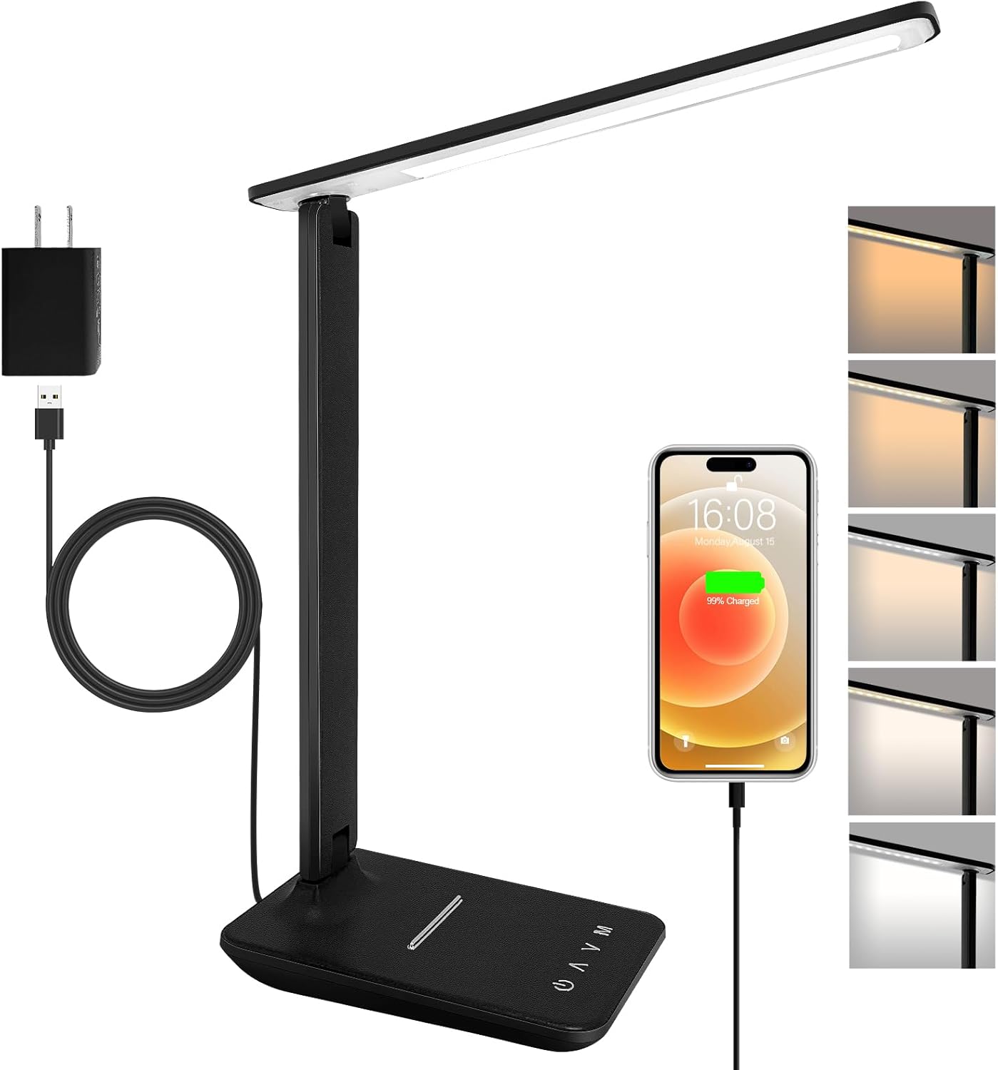 Lampe de Bureau LED avec Adaptateur, Pliable Lampe de Chevet Dimmable avec 5 Modes de Couleur et 5 Niveaux de Luminosité, Port de Charge USB, Pour Lecture Travail (Noir) Noir-avec Adaptateur