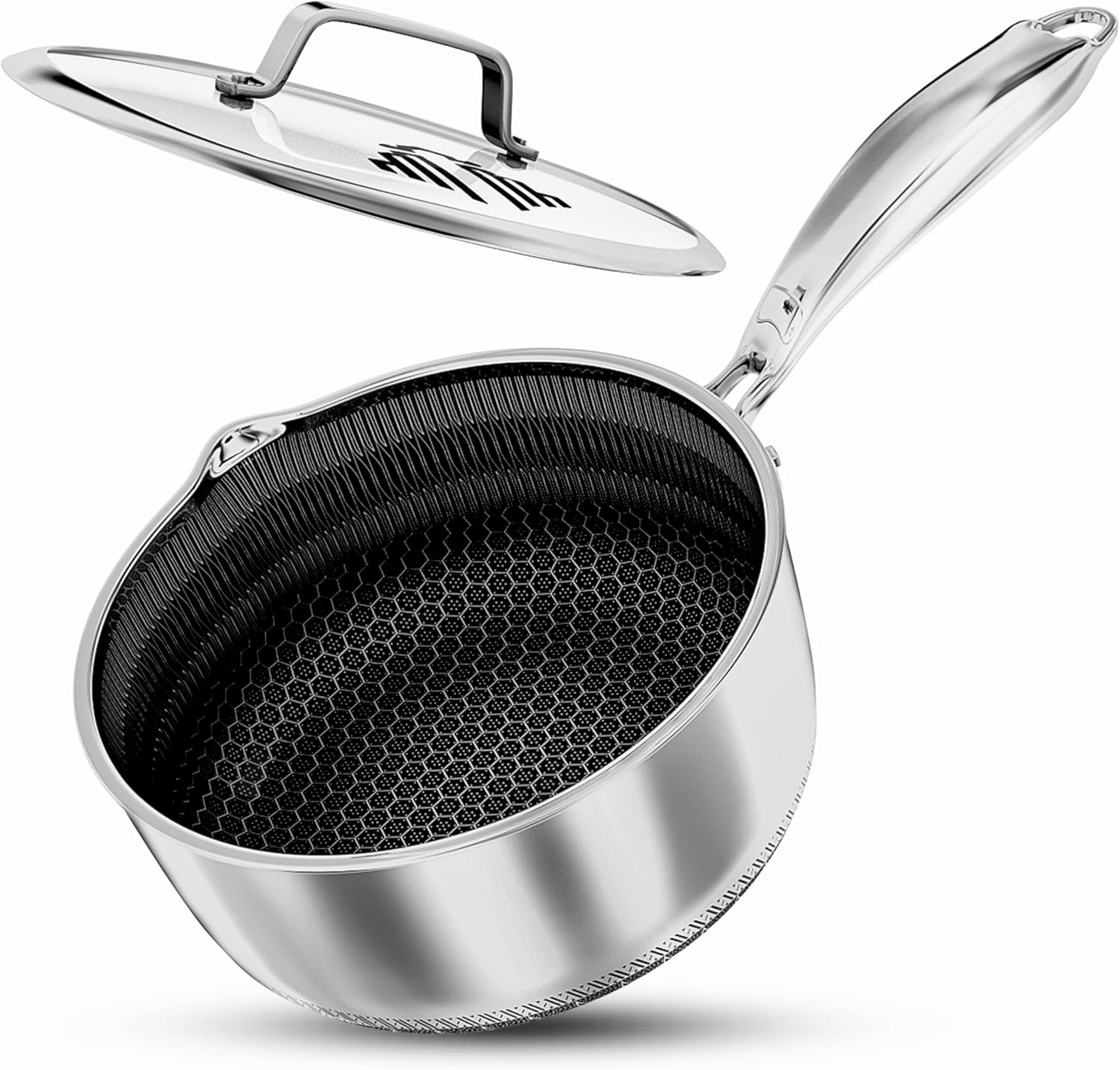 ® Casserole Hybride 20cm 2L en Acier Inoxydable avec Couvercle en Verre – Casserole à Lait Écologique Antiadhésive - Compatible Induction & Four 20 CM - Single Handle